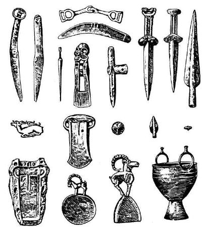 Медные и бронзовые предметы, найденные в кургане, относящемся к тагарской культуре Южной Сибири